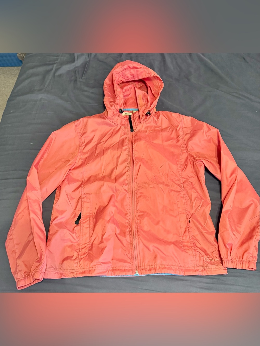 L.L.Bean Rain Jacket Orange Peach Hood Lightweight unlined Women’s Size XL